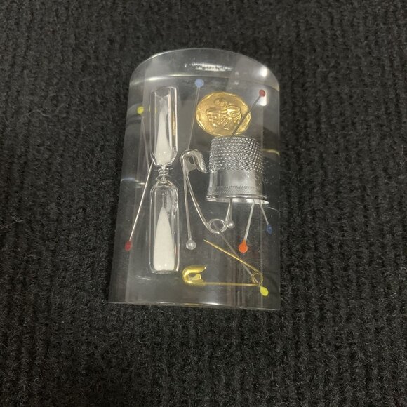 Vintage Lucite Exploding Sewing Kit Hourglass Paperweight - Picture 2 of 7